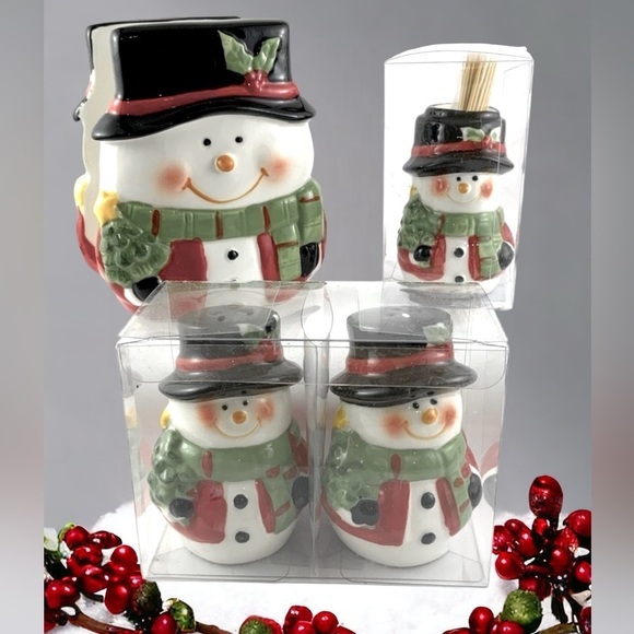 Christmas Snowmen Kitchen Set Hand Painted Ceramic Accessories 4 Holiday Pieces - Picture 1 of 16